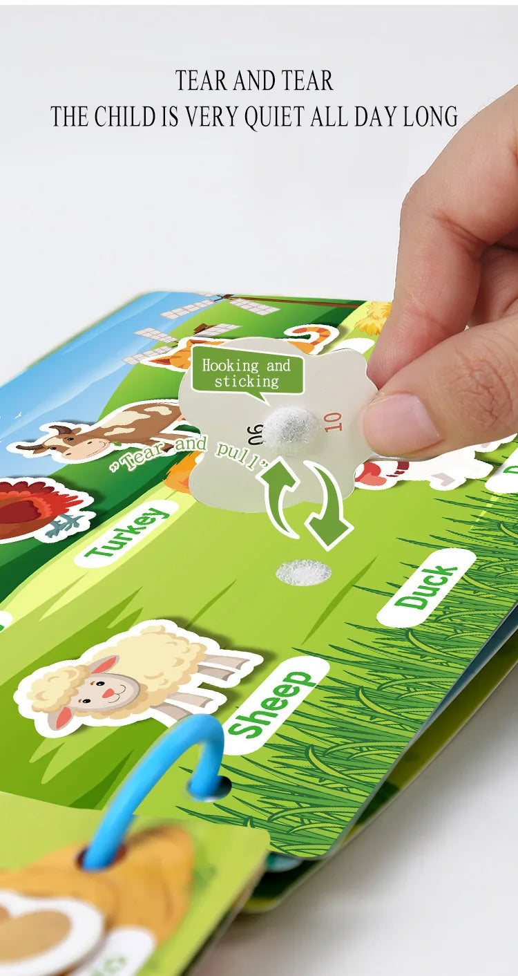 Livre occupé pour les tout-petits âgés de 2 à 6 ans, livre silencieux, activité d'apprentissage préscolaire, autocollant réutilisable et Velcro assorti Montessori Fine Mot