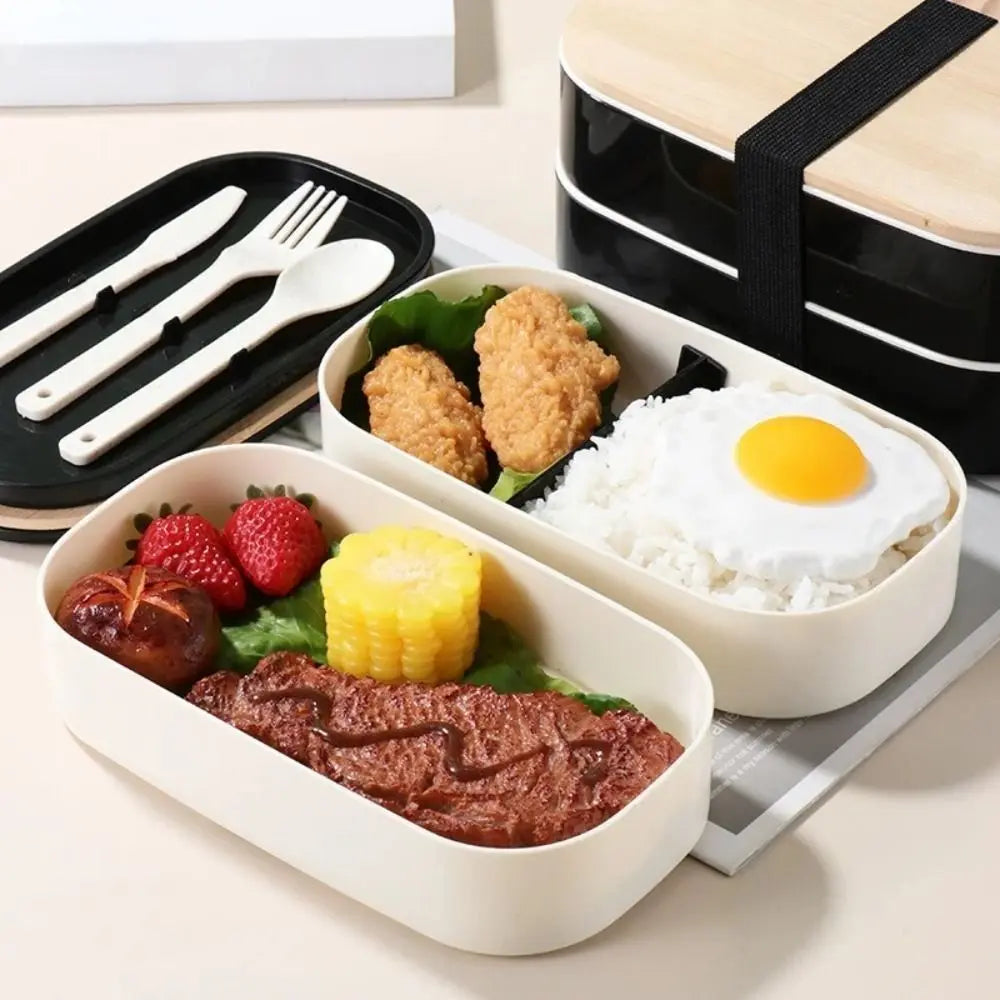 Boîte à Déjeuner Synchronisée avec Couvercle en Bois pour Pique-Nique, Micro-ondes, Bento Japonais, Portable, Double Couche, Récipient Alimentaire pour Enfants, 1200ml