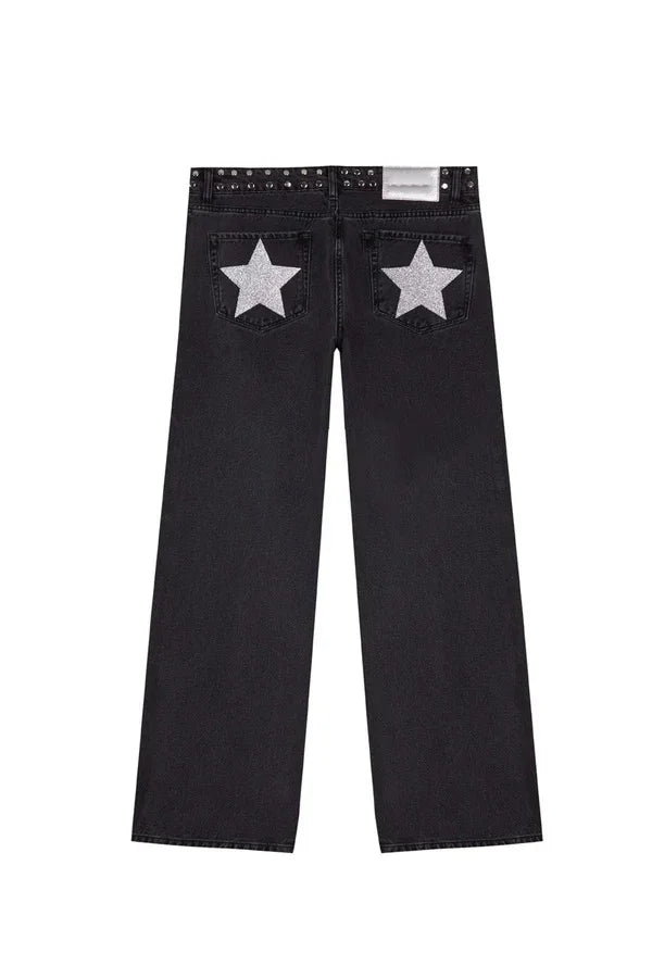 Y2K Vintage jean Flash argent étoile motif métal Rivet jean femme Baggy décontracté jambe droite Denim pantalon Simple femmes vêtements