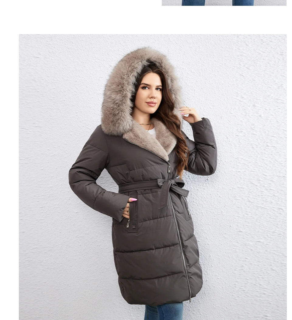 HaiLuoZi-Doudoune Longue en Coton pour Femme avec Ceinture en Fourrure, Manteau à Revers, Fermeture Éclair Indépendante, Vêtements d'Extérieur, Nouvelle Collection Hiver 2023, 1171