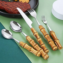 Ensemble de Vaisselle en Bambou et Acier Inoxydable avec Poignée Naturelle, Couverts Rétro, Steak, Opaque, Fourchette, Cuillère, Cadeau de Dessert, 20/30 Pièces