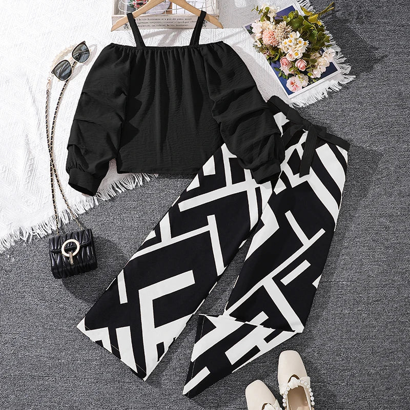 Ensembles de vêtements pour enfants pour filles, kaki, épaules dénudées, haut à manches longues et pantalon imprimé à rayures, costumes pour enfants de Style station d'été OOTD