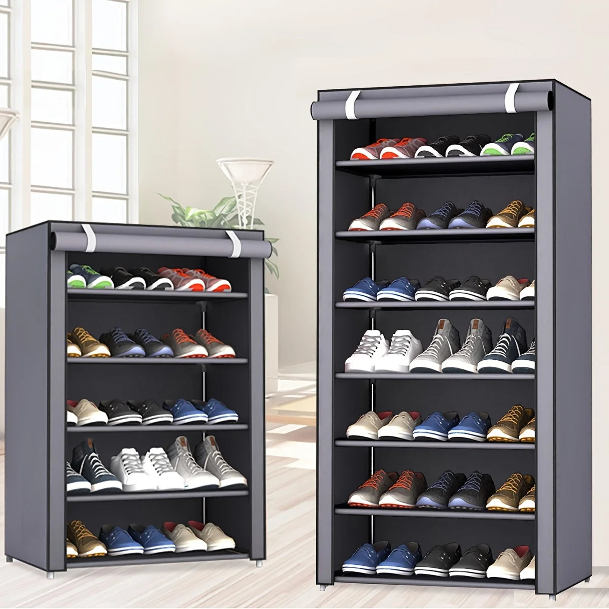 Armoire à chaussures multicouche à 6-10 niveaux avec porte volet roulante anti-poussière, facile à assembler, armoire de rangement domestique peu encombrante, adaptée aux entrées, couloirs, chambres à coucher, salons,