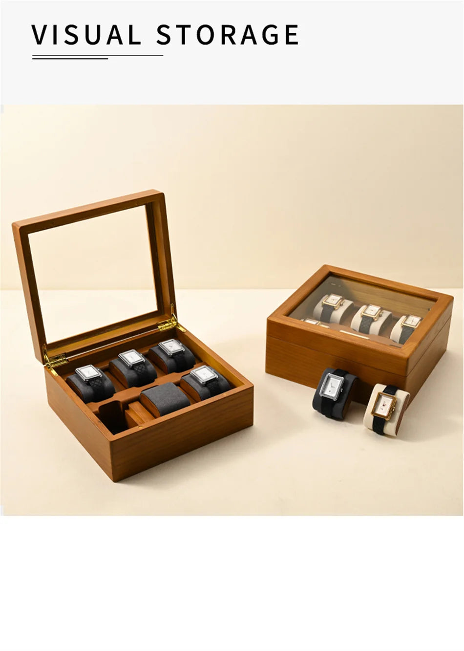 Oirlv boîte de rangement de montre en bois délicate couvercle en verre anti-poussière boîte de montre boîte de collecte de montre-bracelet affichage stockage boîte de montre à 6 grilles
