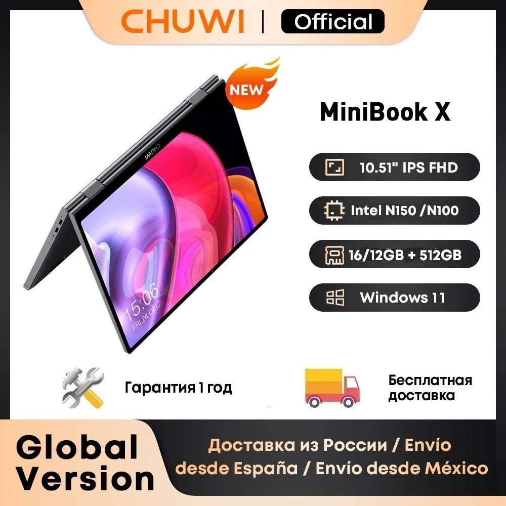 CHUWI MiniBook X ordinateur portable tablette 2 en 1 Intel N150/N100 10.51 "FHD IPS écran 16GB/12GB RAM LPDDR5 512G SSD Windows 11 ordinateur portable
