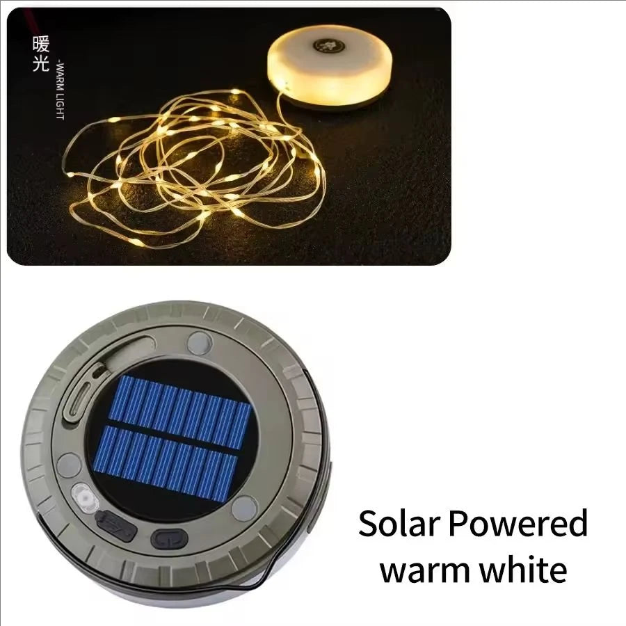 Solar lights, outdoor camping light, 10-meter string light, outdoor tent light, RGB atmosphere light, LED flashlight with hook