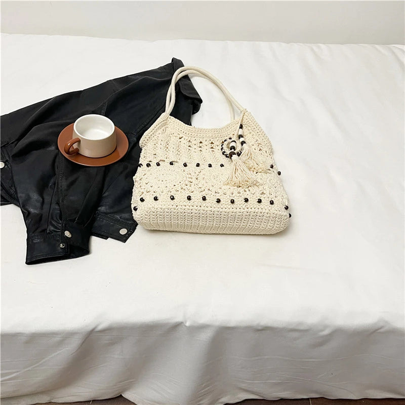 Sac à main tissé de grande capacité, sac à bandoulière ajouré, fourre-tout en Crochet, fourre-tout bohème tissé pour femmes, sacs de Shopping tricotés