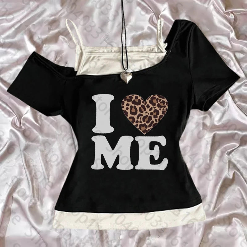 Hauts esthétiques pour femmes, haut court des années 2000, avec bretelles, vêtements gothiques, Vintage Harajuku Grunge, impression I LOVE ME