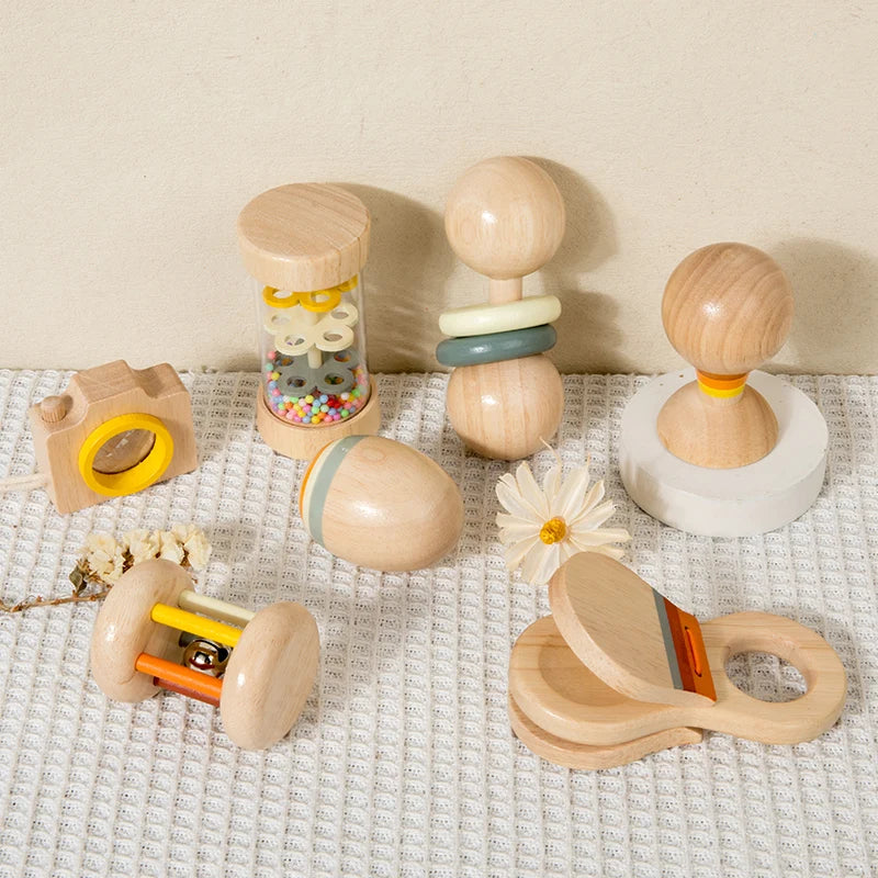 Ensemble de jouets en bois pour nourrissons et tout-petits, jouets d'écoute et de préhension, hochets, barils de pluie, hochets, cadeaux de vacances pour bébé, 7 pièces