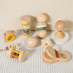 Ensemble de jouets en bois pour nourrissons et tout-petits, jouets d'écoute et de préhension, hochets, barils de pluie, hochets, cadeaux de vacances pour bébé, 7 pièces