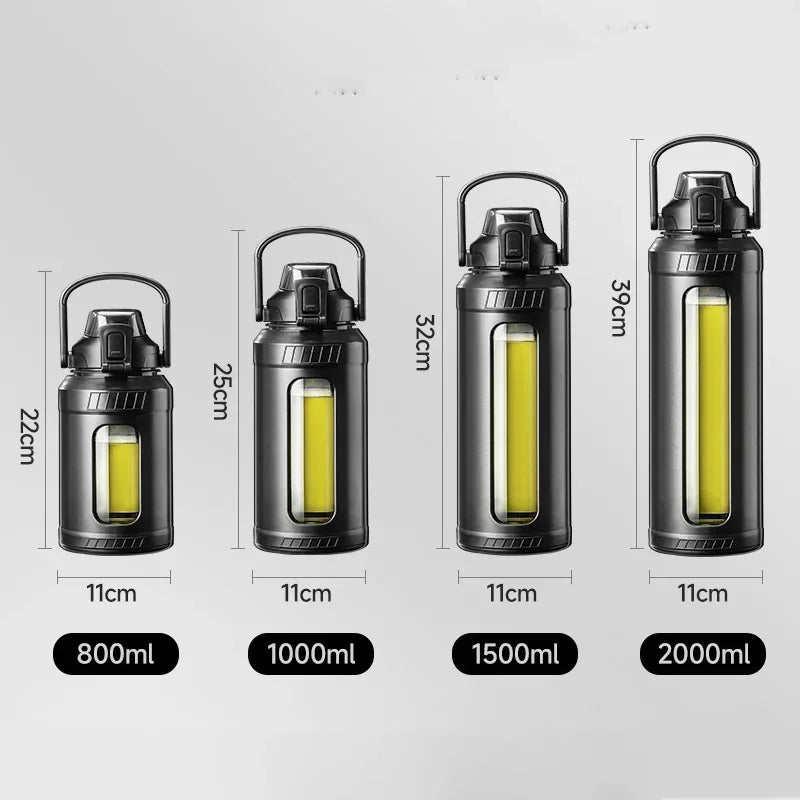Large capacity 2L glass water bottle with removable straw, high borosilicate glass water bottle with carrying handle for gym