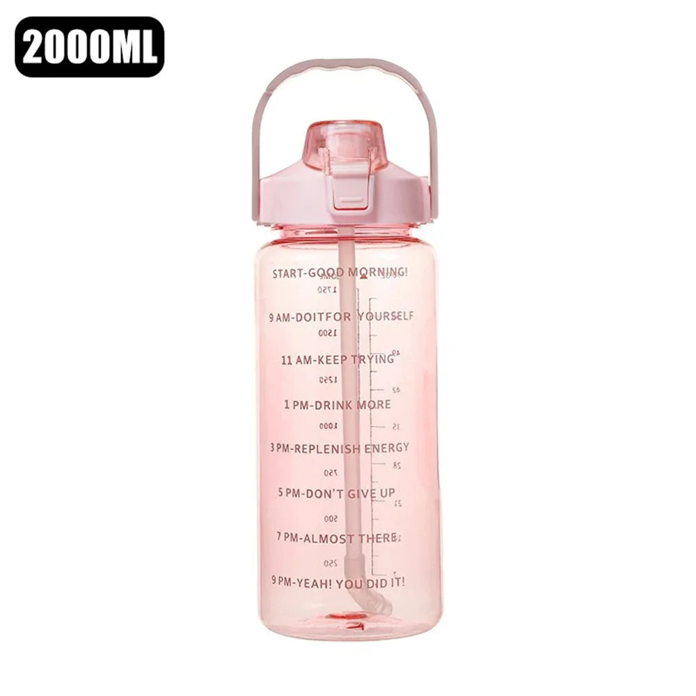 Bouteille d'eau 2L avec marqueur de temps, anti-fuite, antidérapante, bouteille d'eau de voyage Portable en plastique, tasse de Fitness avec des autocollants mignons