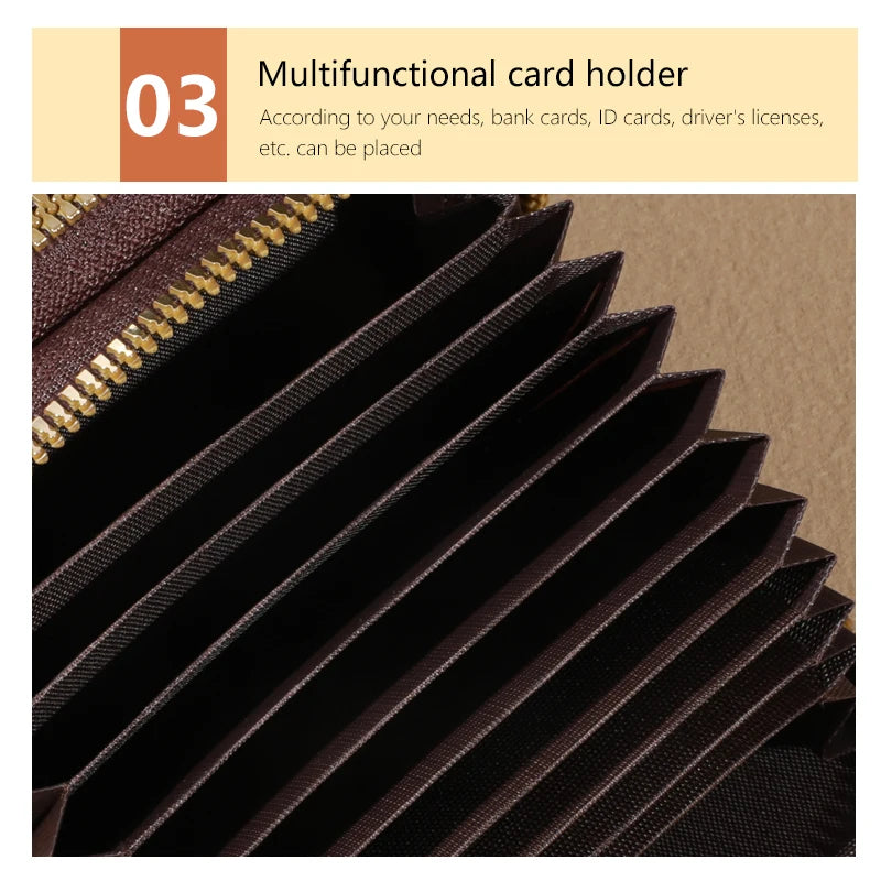 Mini faux leather wallet with double zipper, compact classic pouch, multiple card slots, matching pocket, RFID protection, chic 
