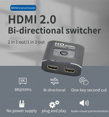 Commutateur HDMI 8K 60Hz, 2 Ports, répartiteur vidéo 2 en 1 sortie pour ordinateur portable Xbox PS3/4/5, boîtier TV pour surveiller l'adaptateur de projecteur TV