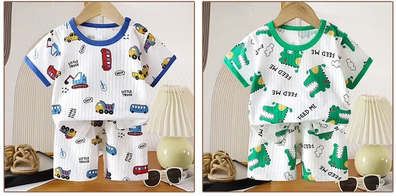 Ensemble de vêtements d'été en pur coton pour enfants, t-shirt à manches courtes avec Short, dessin animé mignon, pyjama décontracté pour bébés en bas âge