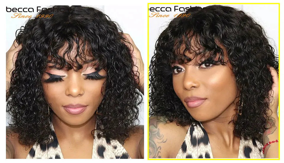 Perruques de cheveux humains Pixie Cut Bob avec frange pour femme, perruque pleine machine bouclée, surbrillance, couleur blond miel, court, caution