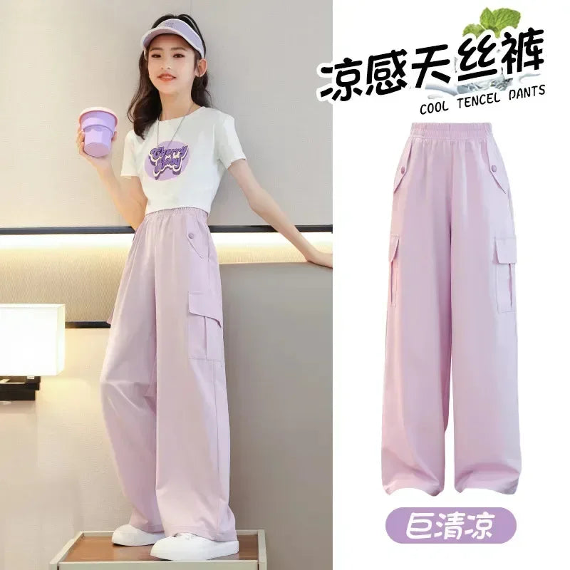 1 pièces filles vêtements pantalons filles à jambes larges enfants glace soie salopette nouveau anti-moustique pantalon sport Style vêtements porter à l'extérieur