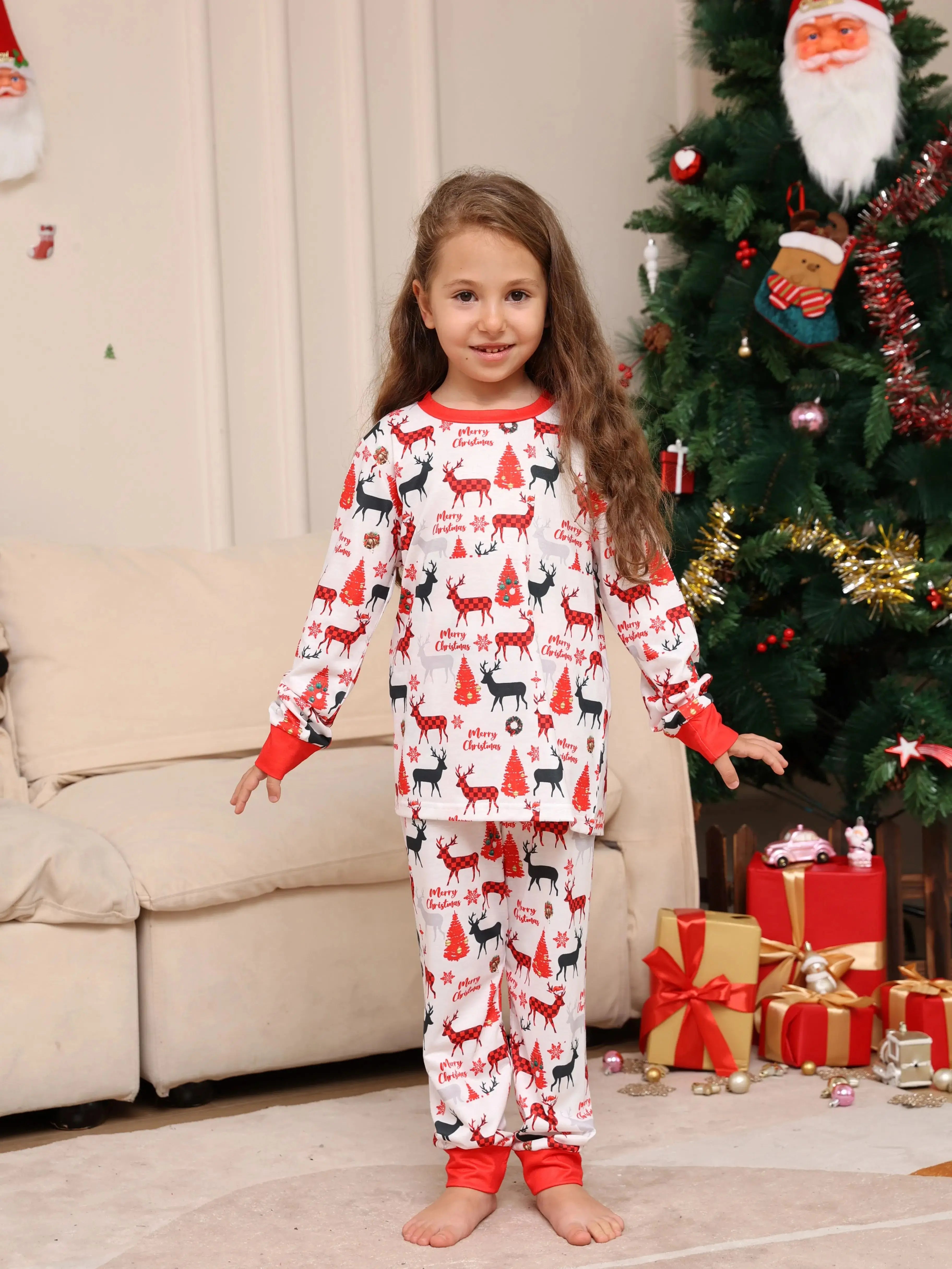 Ensemble pyjama de Noël pour enfants – Pyjama assorti rouge blanc à imprimé partout avec renne, arbre, « Joyeux Noël »