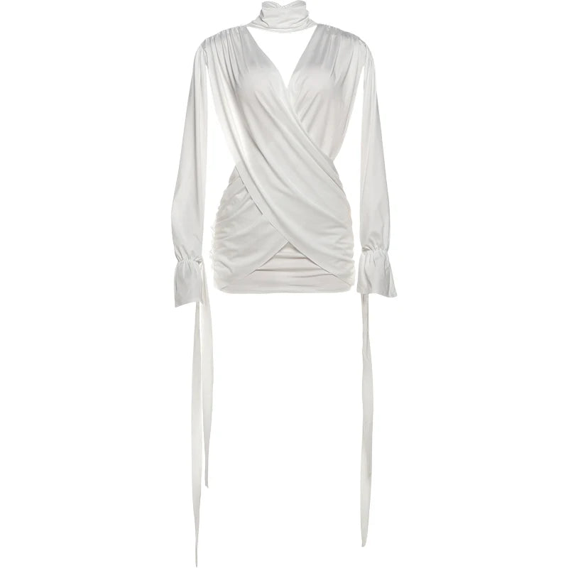 Sisterlinda – robe croisée sans taille pour femmes, col haut, Bandage, pompon, fente, manches longues, dos nu, plis, Sexy, moulante, fête de minuit, Y2K