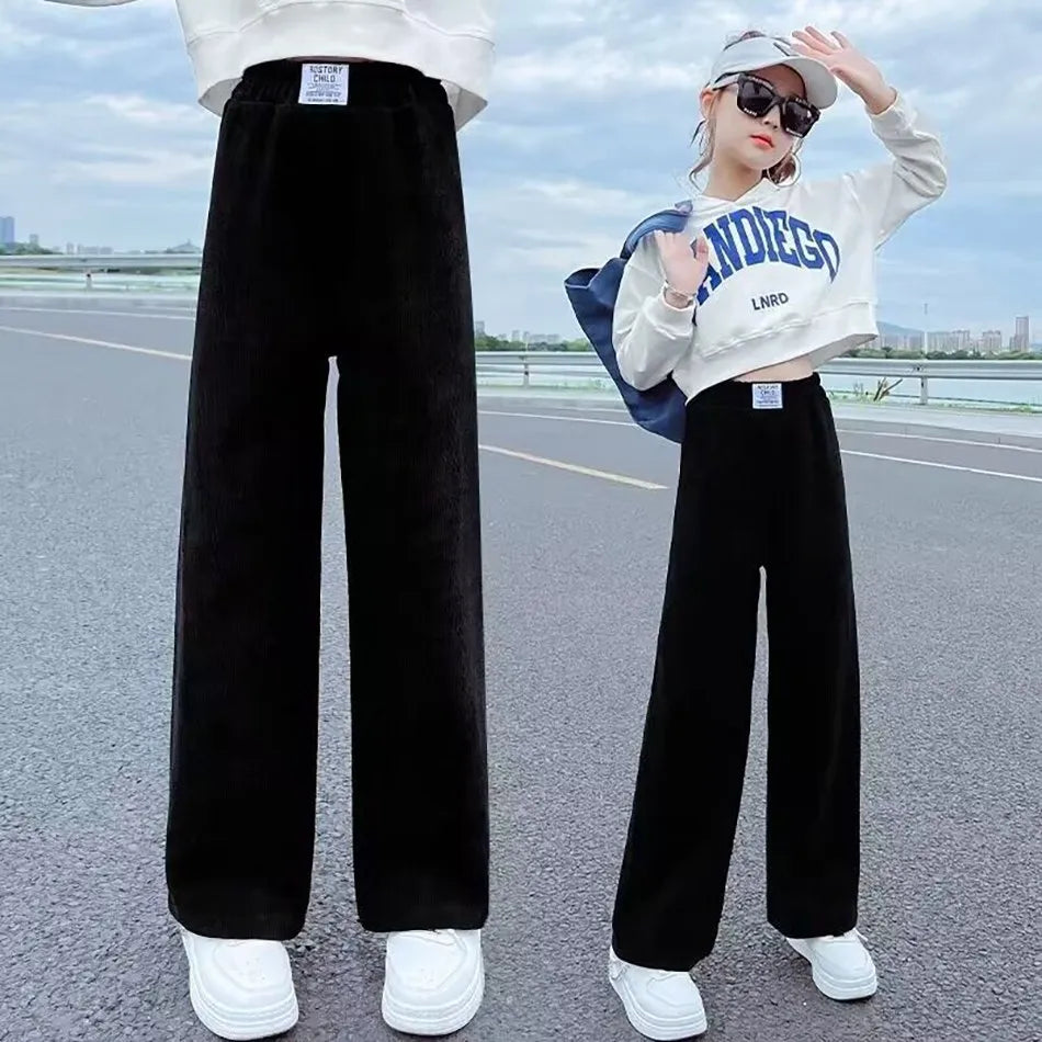 Pantalons à jambes larges pour filles, en velours côtelé, décontractés, à jambes droites, tendance, pantalons longs amincissants, nouvelle collection printemps et automne