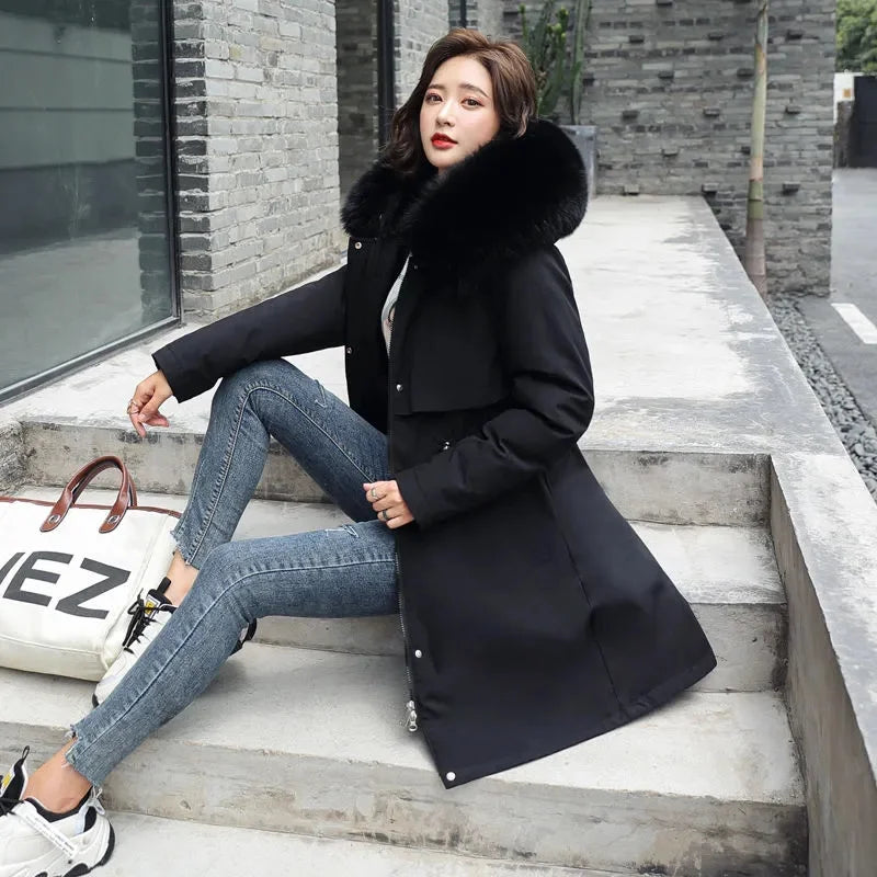 Veste d'hiver 2025 nouvelles femmes Parka vêtements manteau Long doublure en laine veste à capuche col de fourrure épais chaud vêtements de neige rembourré Parka 6XL
