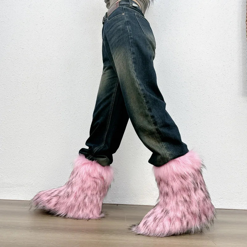 Bottes de neige mi-mollet en fourrure pour femmes et filles, chaussures en peluche chaudes, plate-forme extérieure, document solide, mignon, hiver, Y2K, 2023