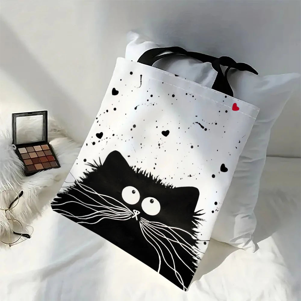 Fourre-tout réutilisable en lin imprimé chats mignons, sac de rangement d'épicerie, sac à bandoulière Portable de grande capacité, fourre-tout lavable en Machine