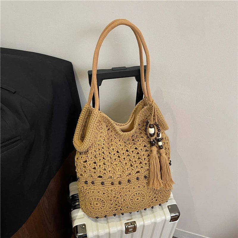 Sac à main tissé de grande capacité, sac à bandoulière ajouré, fourre-tout en Crochet, fourre-tout bohème tissé pour femmes, sacs de Shopping tricotés