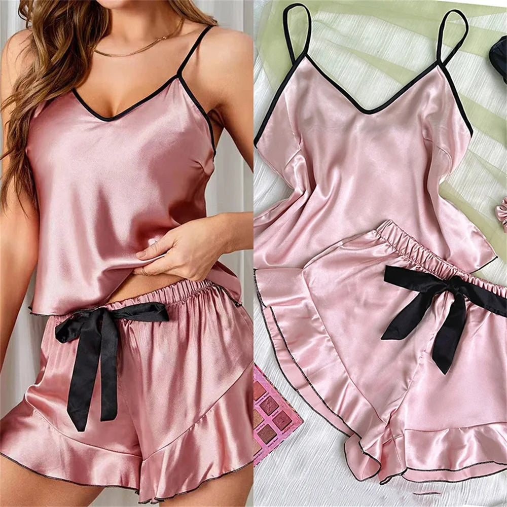 Pyjama en Satin lisse pour femmes, T-Shirt à col en v, bords à volants et short à nœud, ensemble pyjama Simple et respirant, vêtements de maison à bretelles