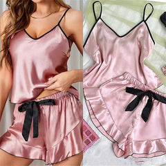 Pyjama en Satin lisse pour femmes, T-Shirt à col en v, bords à volants et short à nœud, ensemble pyjama Simple et respirant, vêtements de maison à bretelles