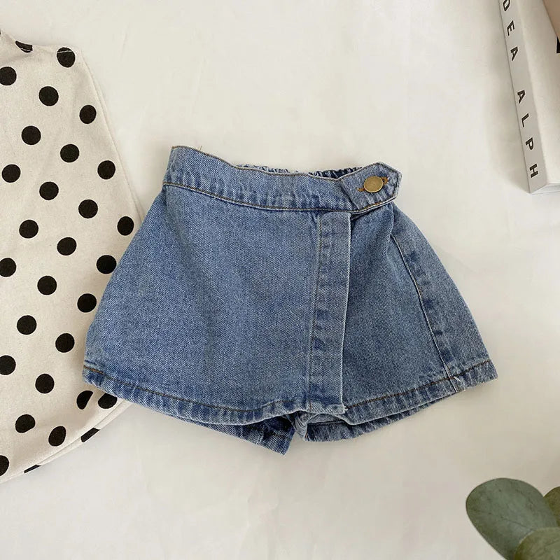 Mode coréenne nouvel été enfants fille jupe short solide taille élastique bouton doux Denim Culotte enfants vêtements polyvalents