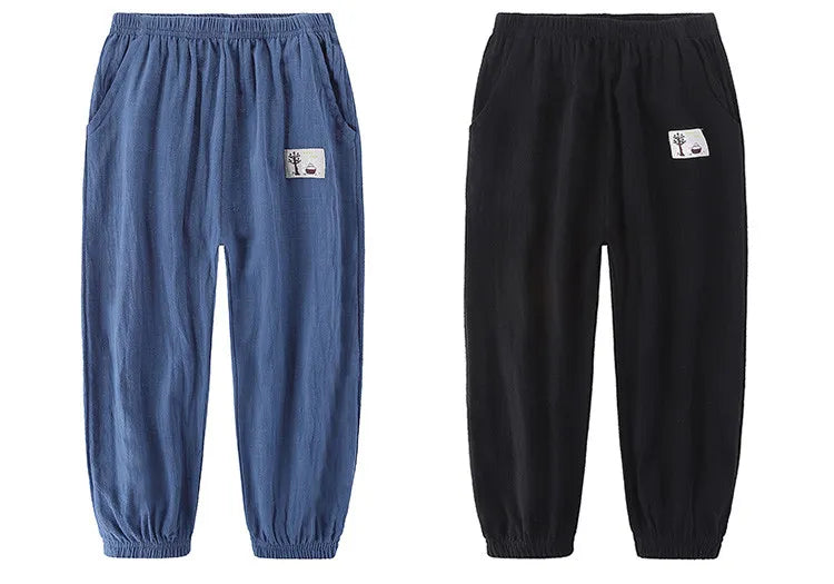Pantalons pour enfants pour garçons et filles, en coton et lin, taille élastique, couleur unie, pantalons moustiques d'été, vêtements pour enfants, pantalons longs 100-160cm