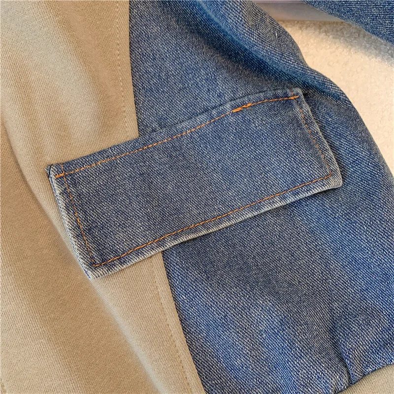 Ensemble pantalon en Denim, col montant, Patchwork, manteaux de rue, hauts à jambes larges, jean gothique droit, Vintage, ensemble deux pièces Simple