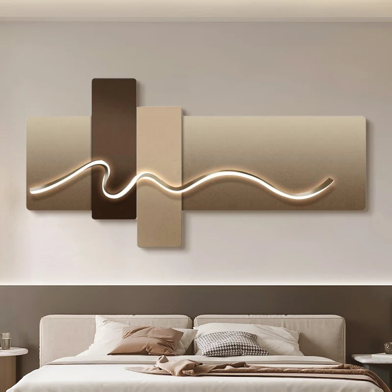 Chambre principale salon géométrique bureau décor peinture avec lumières luxe canapé TV fond mur suspendu photo chambre lits