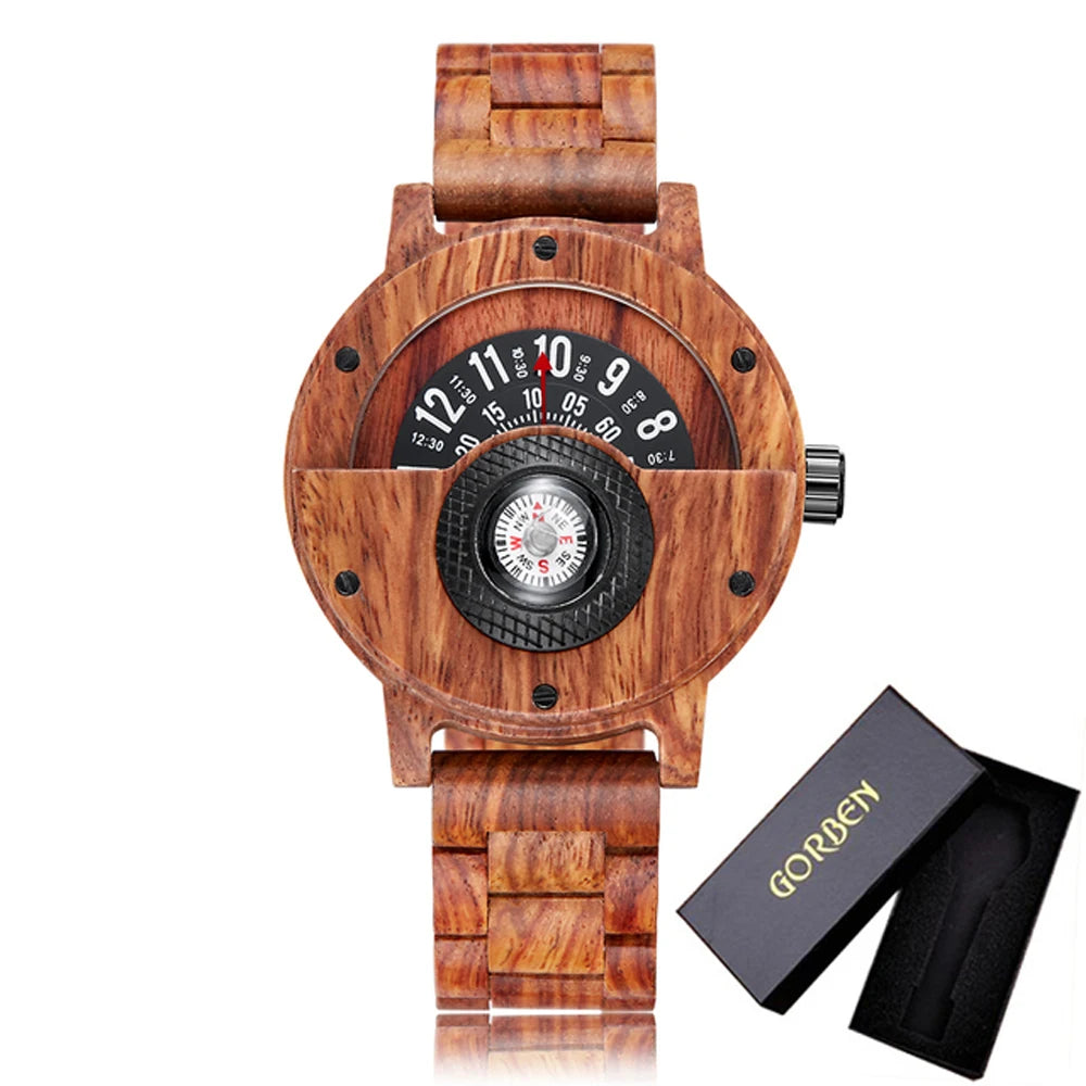 Montre en bois naturel pour hommes, Table rotative, cadran boussole, véritable bois de noyer, ébène, bambou, Concept marron, montre à Quartz