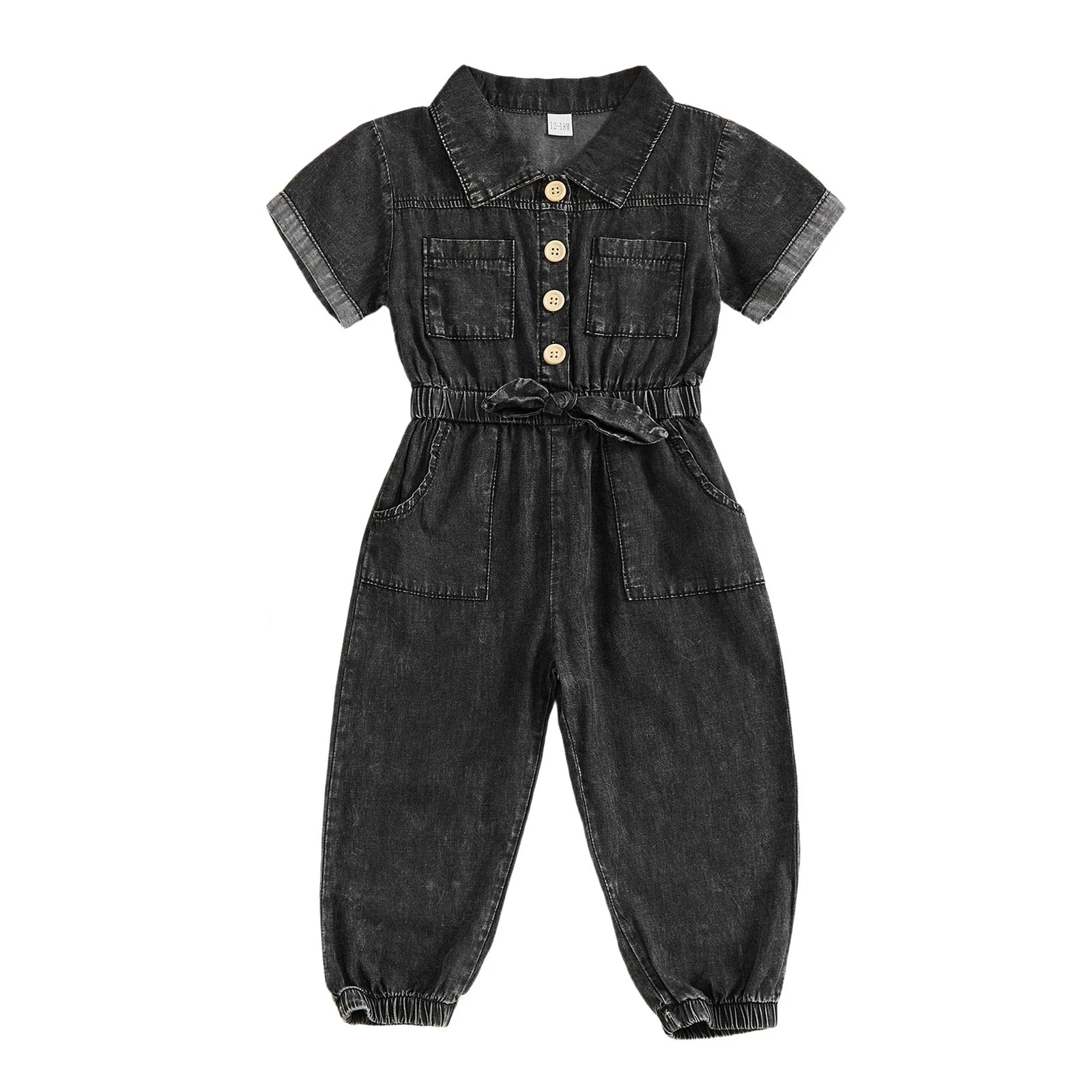 Barboteuse en jean pour petites filles, manches courtes, revers boutonné, combinaison pleine longueur avec poches