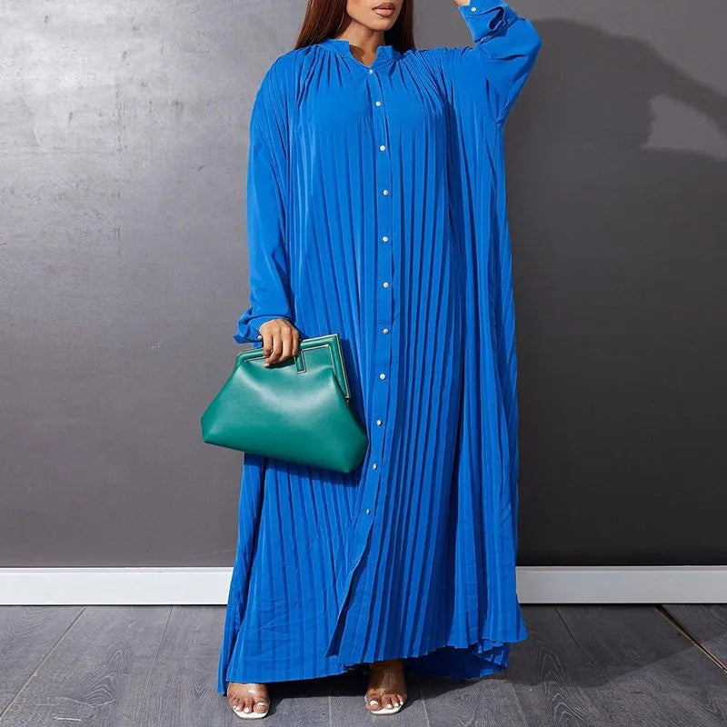 Femmes Eid robes musulmanes col montant simple boutonnage dubaï arabe robes Ramadan décontracté ample caftan robe solide plissé
