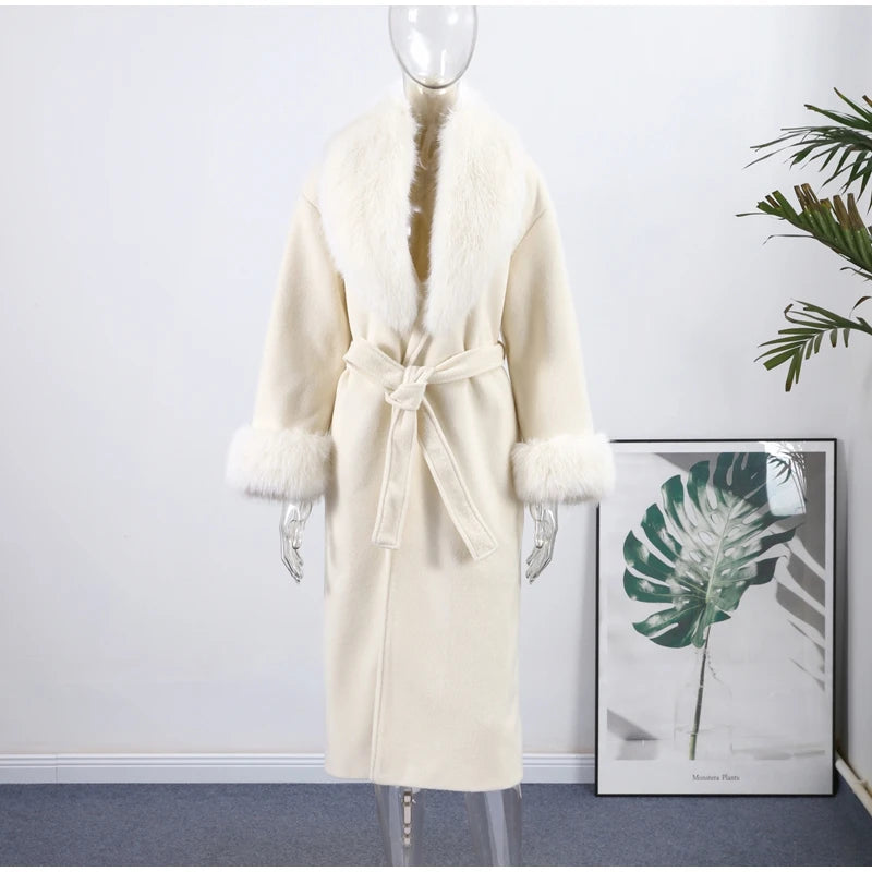 Manteau Long à lacets pour femme, manteau de bureau élégant en laine, fourrure, Patchwork, manches longues, vestes Cardigan amples, nouvelle collection 2025
