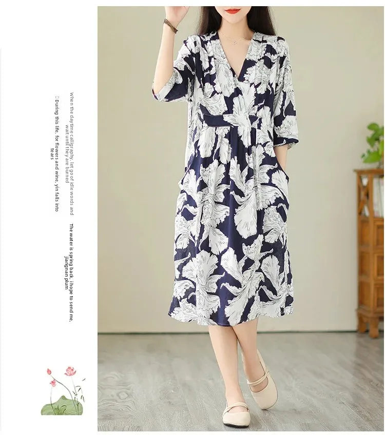 Robe mi-longue amincissante pour femmes, grande taille, imprimé Vintage, ceinture, taille ample, nouveau Style, longueur aux genoux, col en v, Fiber de Polyester, été