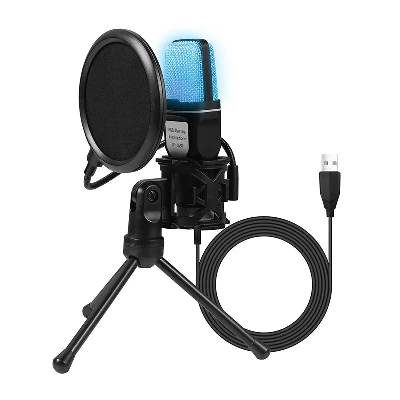 Microphone USB à condensateur RVB, fil de réduction de bruit, micro de jeu pour podcast, studio statique, streaming, ordinateur portable, ordinateur de bureau