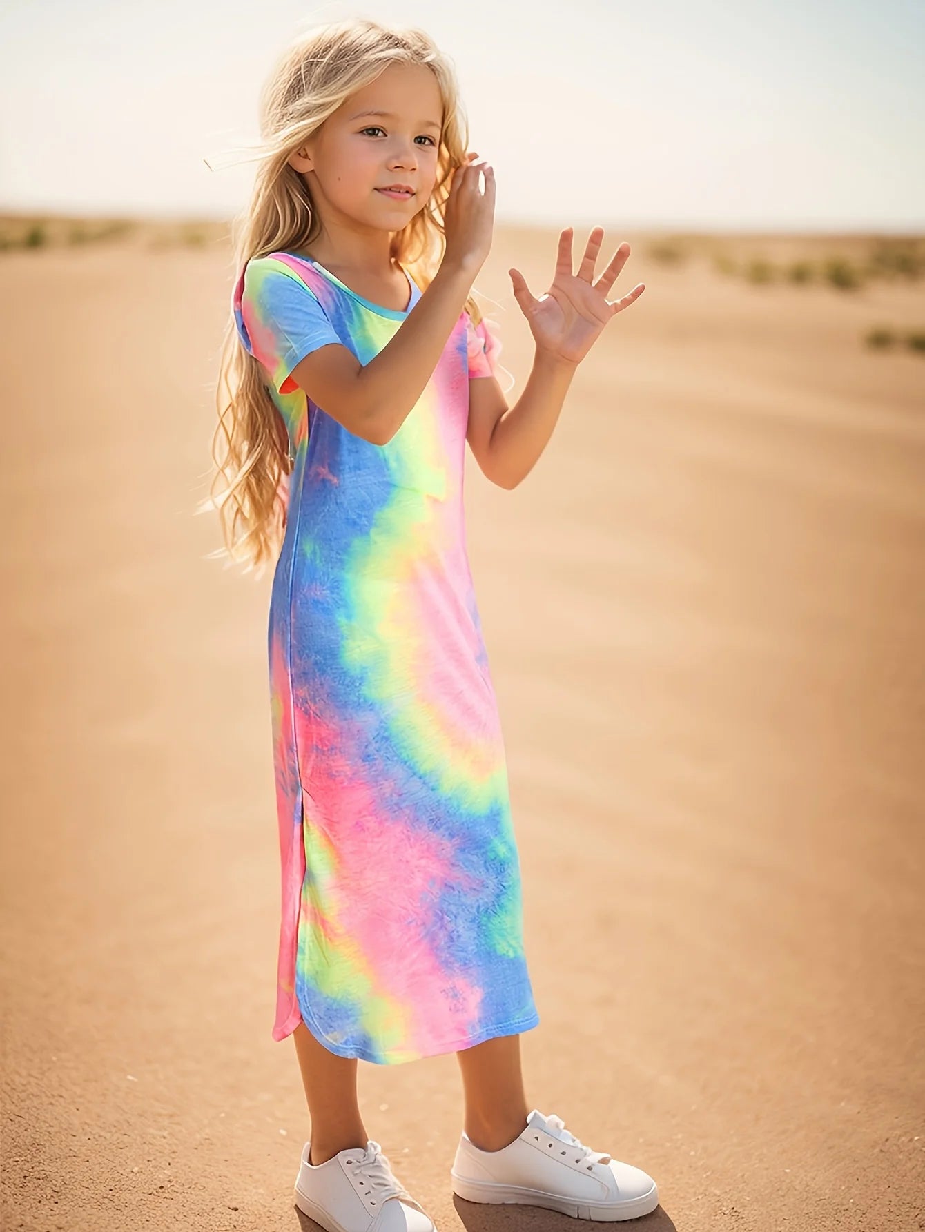 Robe d'été pour filles, manches courtes, mi-longue, coupe cintrée, vêtements d'été à la mode pour filles, imprimés et teints en Positions aléatoires, printemps et été