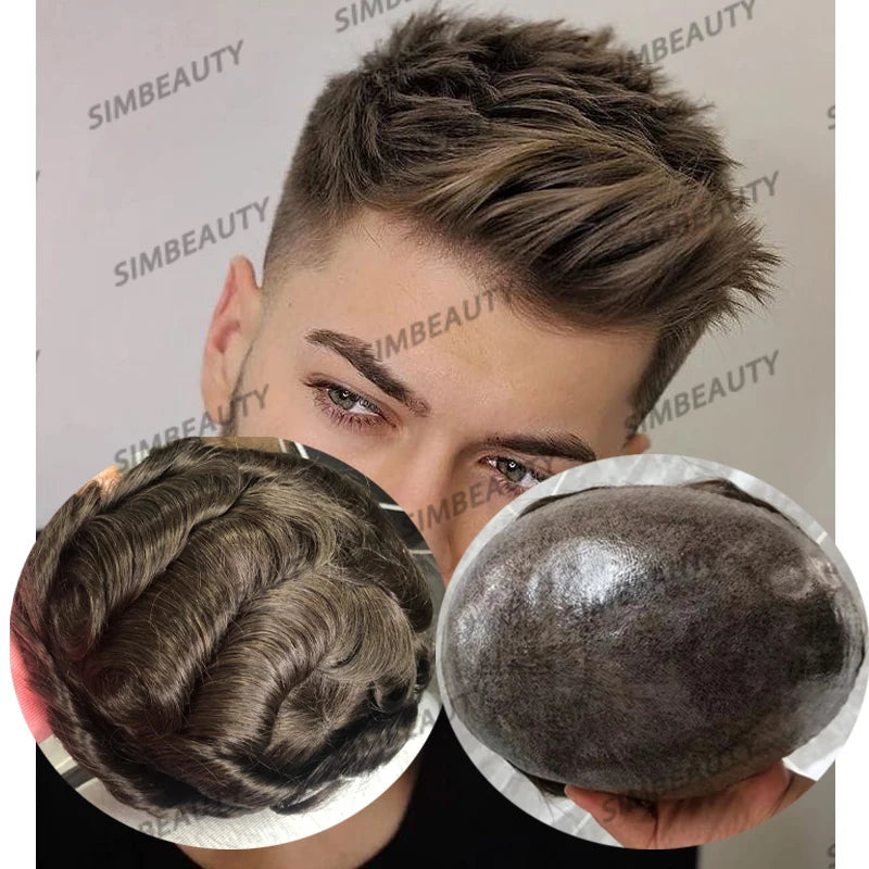 100% cheveux humains hommes toupet naissance des cheveux naturelle pleine peau Pu Base Durable mince 0.1mm hommes perruques unité de remplacement prothèse capillaire