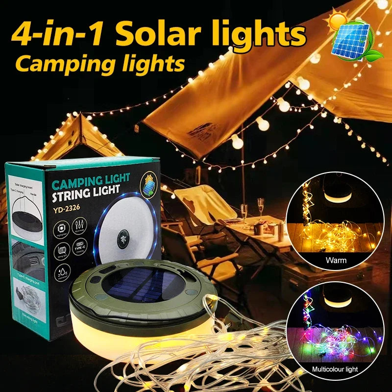 Guirxiété Solar Light for Outdoor Camping, LED Flashlight with Hook, Tent Light, RGB Lights, Stopovers, 10m