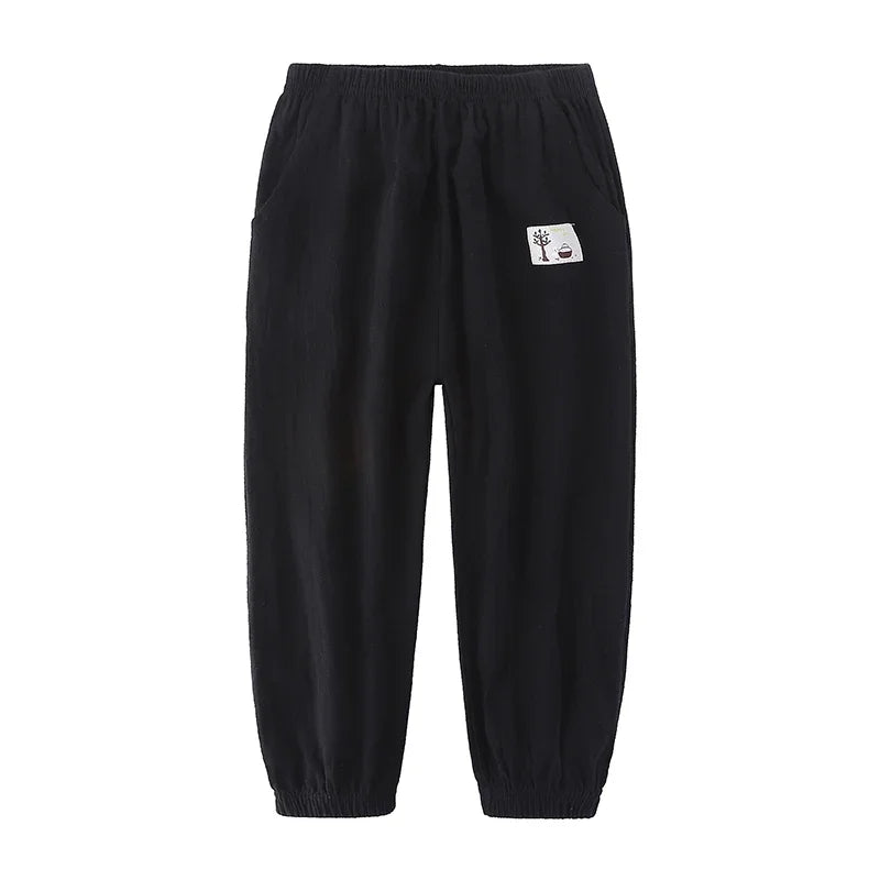 Pantalons pour enfants pour garçons et filles, en coton et lin, taille élastique, couleur unie, pantalons moustiques d'été, vêtements pour enfants, pantalons longs 100-160cm