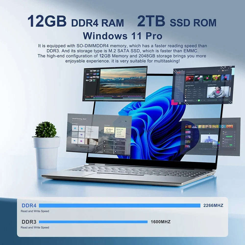Ordinateur Portable 14.1 "12GB RAM 1 to 2 to SSD Windows 11 ordinateur Portable bureau apprendre loisirs divertissement ordinateurs portables