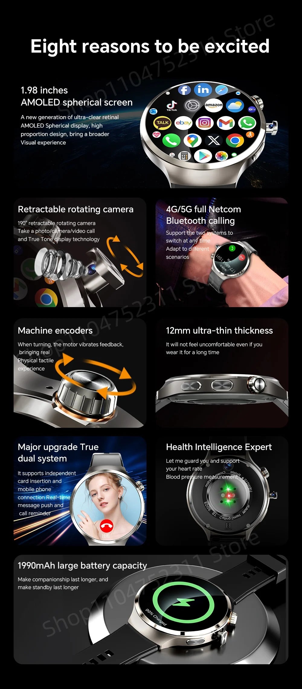 Smartwatch avec grand écran Amoled 1,98 pouces 210 °   Caméra rotative GPS Position surveillance de la santé Android 13.0 montre intelligente hommes