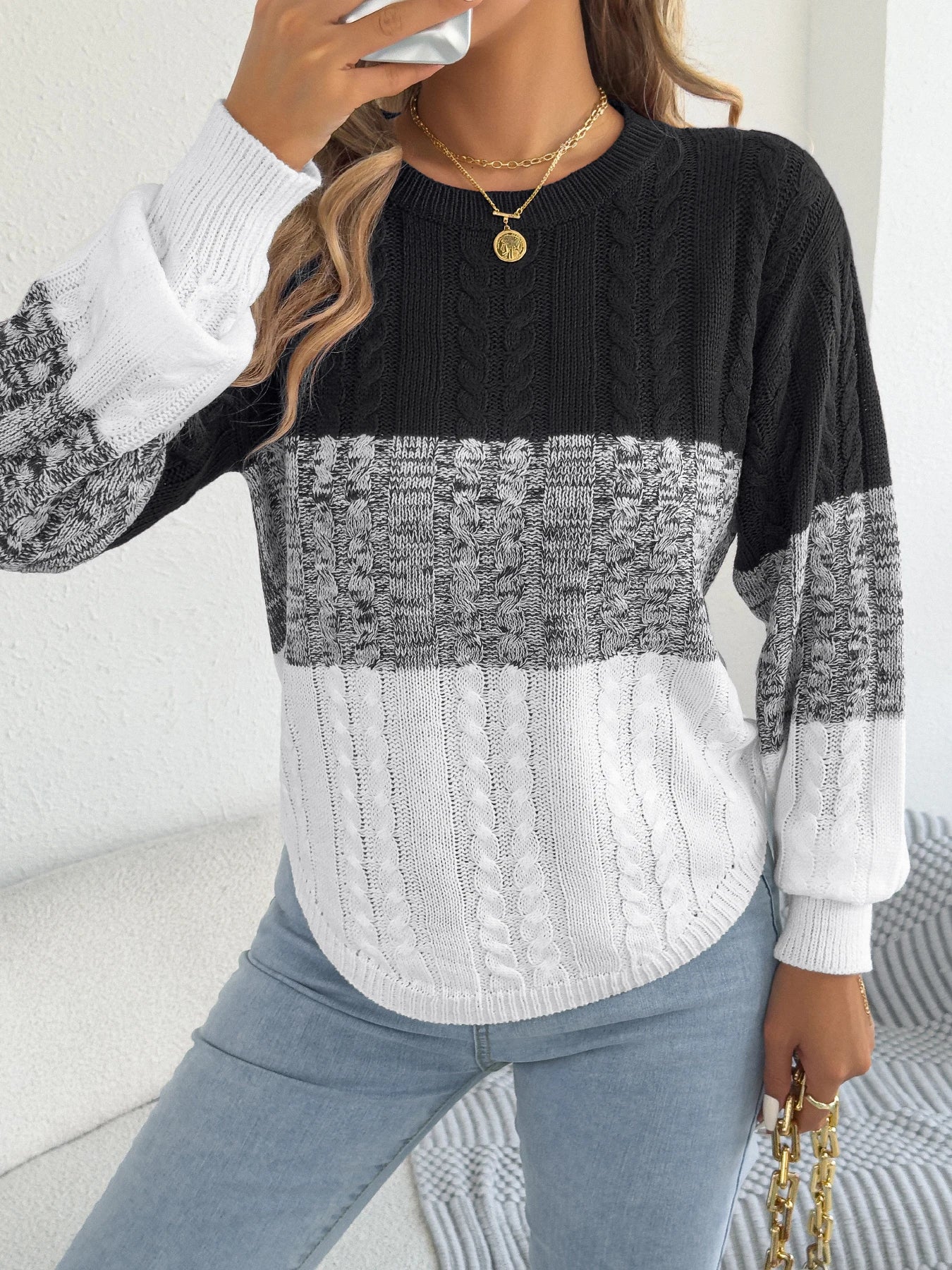Femme décontracté couleur bloc rayé pull col rond lanterne à manches longues torsion tricoté hauts pour 2025 automne hiver femmes vêtements