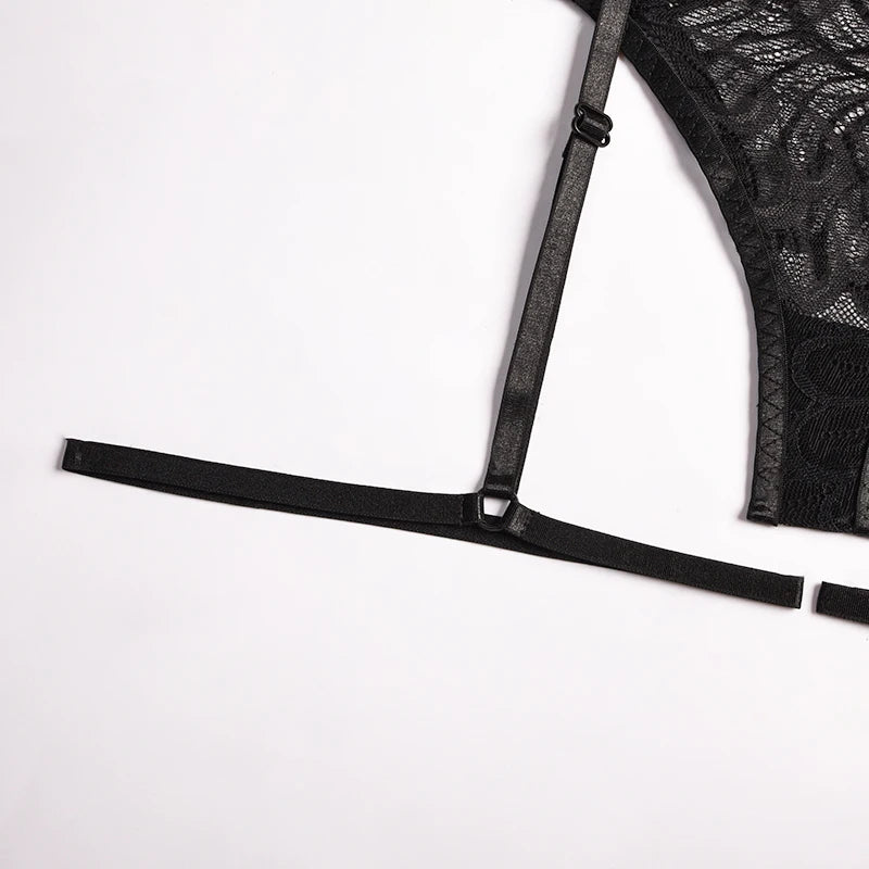 Ensembles de Lingerie érotique pour femmes, jarretelles en dentelle, soutien-gorge et culotte transparents, Costumes Porno féminins, col licou en V profond, ensemble de sous-vêtements Sexy