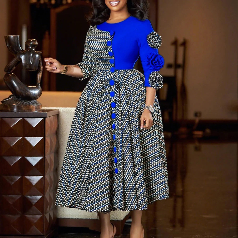 Robes élégantes pour femmes, mode africaine, manches 3/4, fête d'anniversaire, nouvelle Robe Chic à carreaux de fleurs 3D, Robe de soirée trapèze, automne 2025