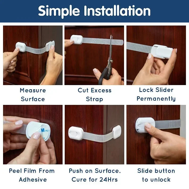 Baby safety lock, child safety lock, baby safety straps, adhesive latches for cabinet drawer doors, baby safety